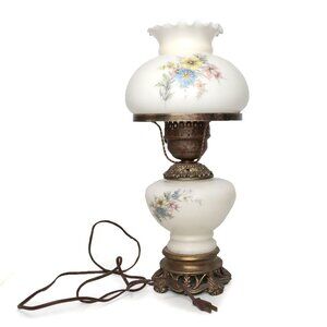 Vintage Milk Glass Gone with the Wind Lamp Floral Retro Huricane Ruffled Top